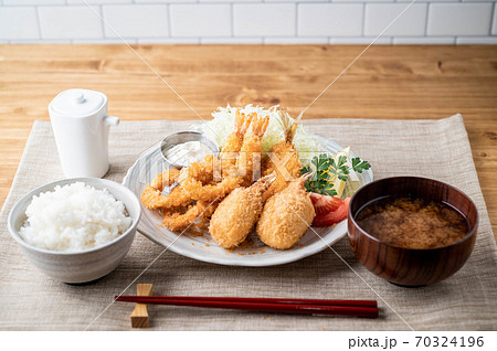 japanese deep fied seafood with rice and miso soup japanese deep fied seafood with rice and miso soup 70324196