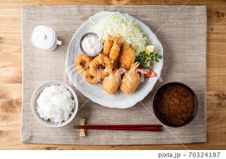 japanese deep fied seafood with rice and miso soup japanese deep fied seafood with rice and miso soup 70324197