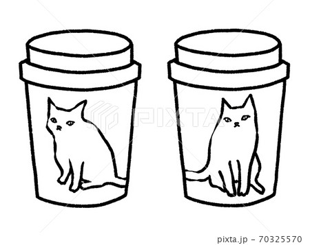 猫のイラストが描かれたテイクアウト用のコーヒーカップ 線画のみ のイラスト素材