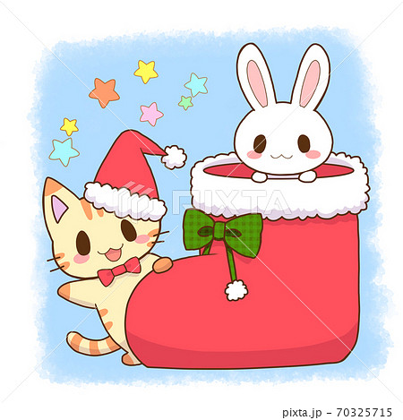 クリスマス うさぎとねこ 背景有りのイラスト素材