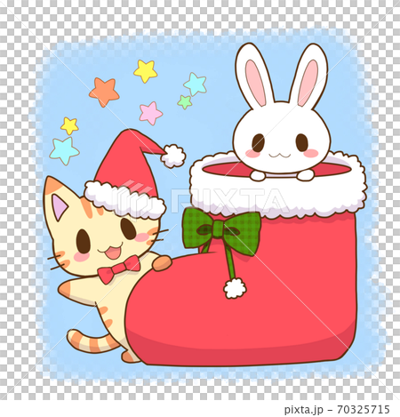 クリスマス うさぎとねこ 背景有りのイラスト素材