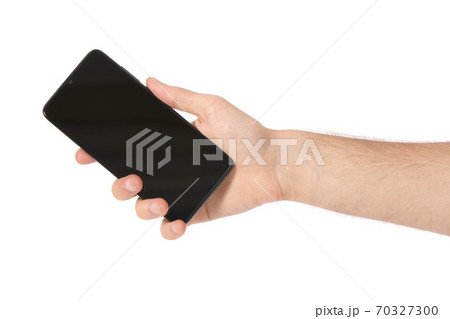 Man hand holding black smartphone 70327300