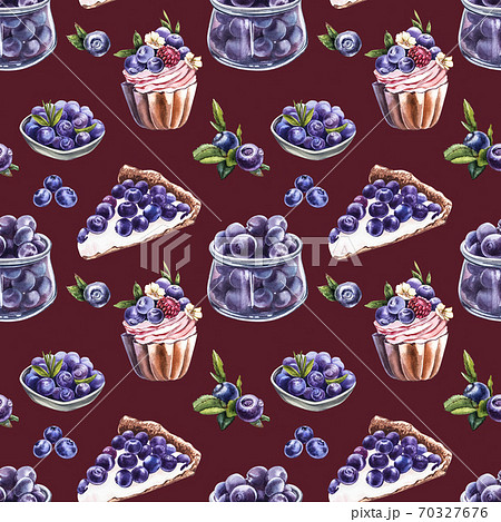 Blueberry. Seamless patterns. Watercolor botanical illustration. Hand drawn watercolor painting blueberry on white background. 70327676