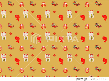 招き猫 鯛 小槌 梅の花 パターン イラストのイラスト素材 7032
