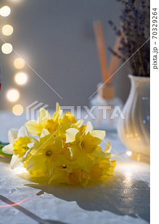 bouquet yellow narcissuses on white table evening 70329264