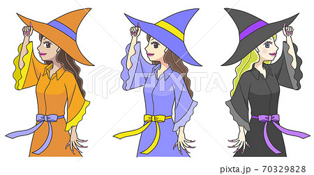 おそろいの服を着て帽子を持つポーズをする3人の若い魔女のイラスト素材
