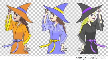 おそろいの服を着て帽子を持つポーズをする3人の若い魔女のイラスト素材