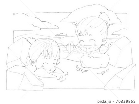 露天風呂につかっている母娘 線画 塗り絵 のイラスト素材