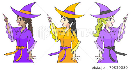 おそろいの服を着て上を指差すポーズをする3人の若い魔女のイラスト素材