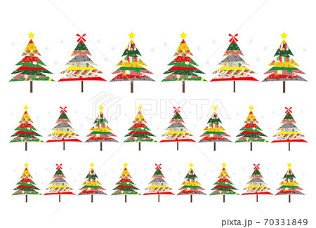 クリスマス柄パッチワークのツリー ラインセットのイラスト素材