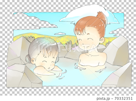 秋晴れの日に露天風呂でくつろぐ母娘 70332351