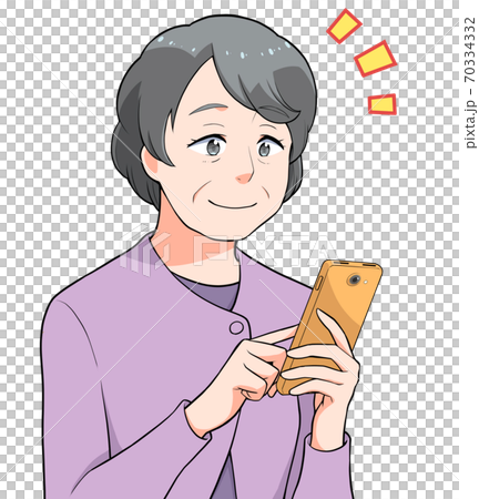 スマホを操作する笑顔の中高年の女性のイラスト素材