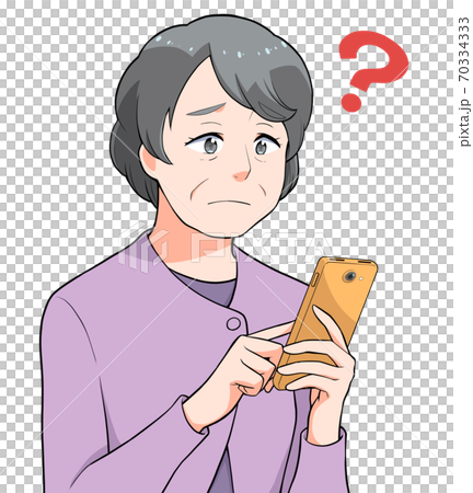 スマホの操作で考えている中高年の女性のイラスト素材