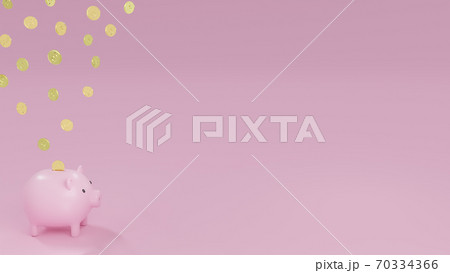 Pink piggy bank and falling gold coins with dollar sign with cyan background. Concept of saving money. 3d render illustration 70334366