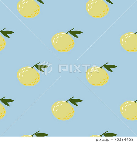 Minimalistic seamless food pattern with mandarin silhouettes. Yellow citrus ornament on blue background. Minimalistic seamless food pattern with mandarin silhouettes. Yellow citrus ornament on blue background. 70334458