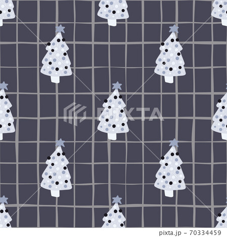 Simple stylized doodle seamless pattern with christmas fir tree toys. Dark navy blue chequered background. Light forest ornament. 70334459