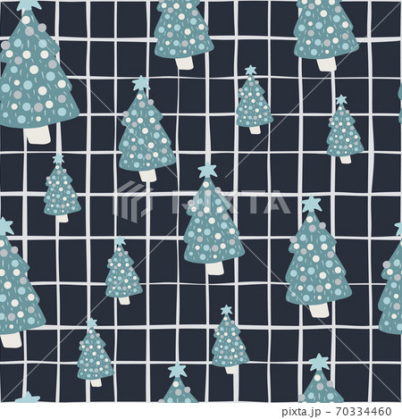 Random seamless stylized pattern with blue colored new year tree toy silhouettes. Dark navy blue chequered background. Random seamless stylized pattern with blue colored new year tree toy silhouettes. Dark navy blue chequered background. 70334460
