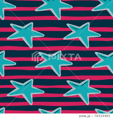 Bright seamless pattern with doodle hand drawn star details. Blue geometric shapes on navy blue and pink sripped background. Bright seamless pattern with doodle hand drawn star details. Blue geometric shapes on navy blue and pink sripped background. 70334465