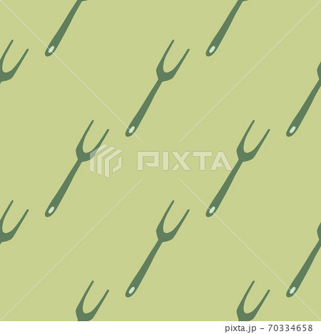 Minimalistic seamless pattern with kitchen tools elements. Diagonal ornament with grill forks silhouettes. Green palette arwork. 70334658