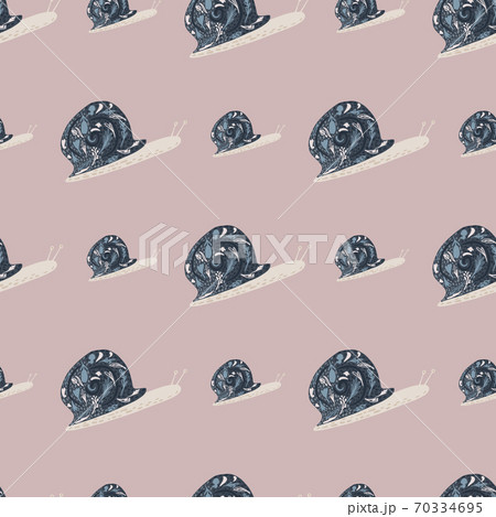 Simple animal ornament seamless snail pattern. Nature backdrop with navy blue achatina silhouette on pale pink background. 70334695