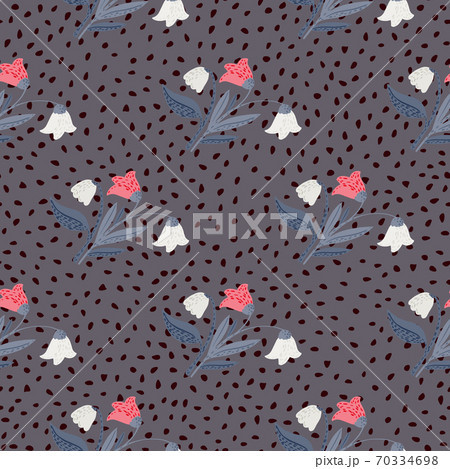 Pink and white village flowers seamless forest pattern. Doodle dark botanic ornament on grey dotted background. Pink and white village flowers seamless forest pattern. Doodle dark botanic ornament on grey dotted background. 70334698