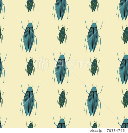 Blue colored bugs ornament seamless doodle pattern. Hand drawn simple elements on light yellow background. Blue colored bugs ornament seamless doodle pattern. Hand drawn simple elements on light yellow background. 70334746