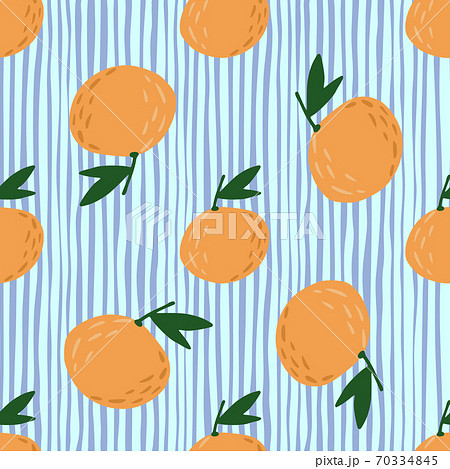 Random food seamless pattern with orange mandarin shapes. Different sizes fruit shapes on blie striped background. Random food seamless pattern with orange mandarin shapes. Different sizes fruit shapes on blie striped background. 70334845