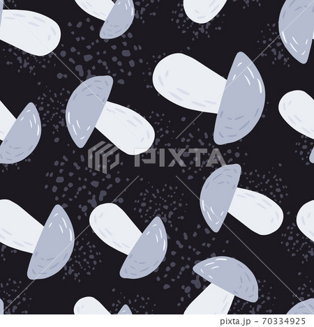 Random seamless pattern with doodle forest mushrooms ornament. Blue light colored food elements on black background with splashes. 70334925