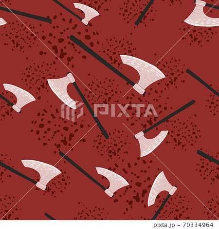 Horror seamless random pattern with viking ax silhouettes. Steel norway weapon ornament on red background with blood splashes. 70334964
