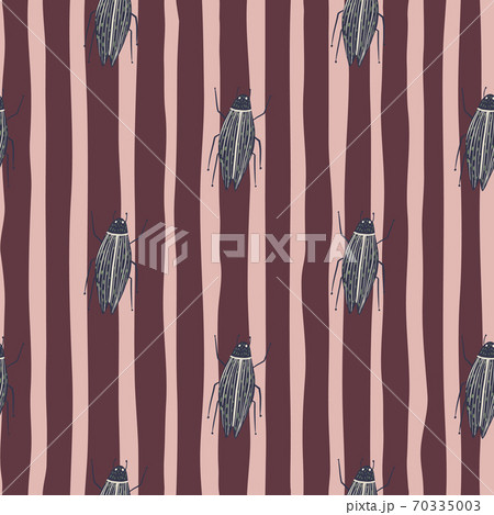 Seamless botanic pattern with flat bugs shapes. Grey insect forms on stripped backgrond with pink and maroon lines. 70335003