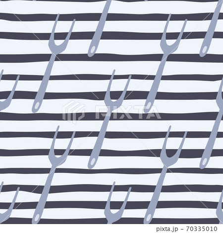 Blue seamless pattern with grill forks silhouettes. Stripped background with white lines. Kitchen backdrop. 70335010