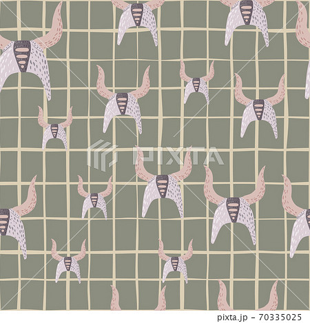 Random seamless pattern with doodle viking helmets ornament. Swedish weapon elements on green chequered background. 70335025