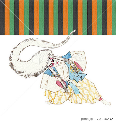 むきみ隈 連獅子 白 歌舞伎 隈取り 水彩 イラストのイラスト素材