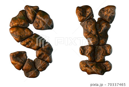 Set of rocky symbols dollar and yen. Font of stone on white background. 3d 70337465