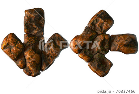 Set of rocky symbols arrow to down and left arrow. Font of stone on white background. 3d Set of rocky symbols arrow to down and left arrow. Font of stone on white background. 3d 70337466