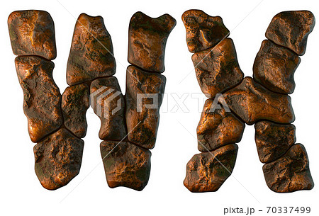 Set of rocky letters W, X. Font of stone on white background. 3d 70337499