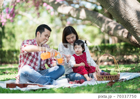 Happy family sitting on the grass during a picnic in a park 70337750