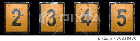 Set of numbers 2, 3, 4, 5 made of public road sign orange and black color on black background. 3d Set of numbers 2, 3, 4, 5 made of public road sign orange and black color on black background. 3d 70338470