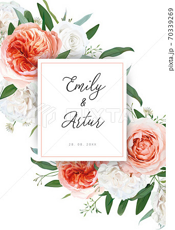 Wedding floral invite, greeting card design. Ivory white, blush peach roses, pale coral Juliette rose flowers, eucalyptus greenery leaves decoration. Elegant, stylish, delicate, cute editable template Wedding floral invite, greeting card design. Ivory white, blush peach roses, pale coral Juliette rose flowers, eucalyptus greenery leaves decoration. Elegant, stylish, delicate, cute editable template 70339269