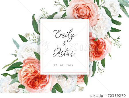 Wedding vector floral invite, invitation save the date card design. Ivory white, blush peach flowers, pale coral Juliette rose, eucalyptus greenery leaves decoration. Elegant watercolor style template Wedding vector floral invite, invitation save the date card design. Ivory white, blush peach flowers, pale coral Juliette rose, eucalyptus greenery leaves decoration. Elegant watercolor style template 70339270
