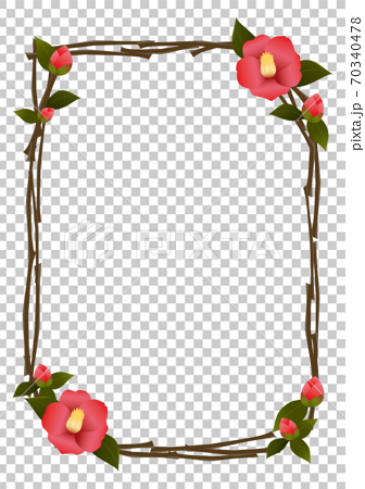 ツバキの花と小枝のフレーム 縦のイラスト素材