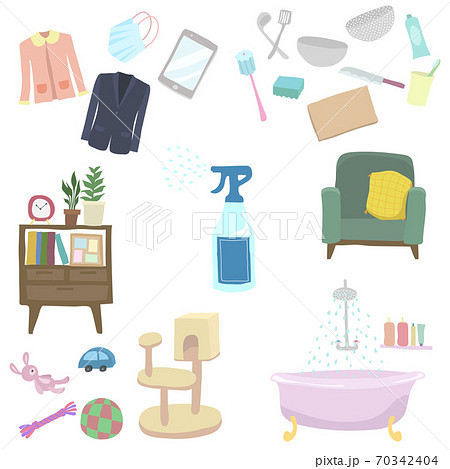 家具やキッチン用品や洋服やおもちゃを消毒除菌するイラストのイラスト素材