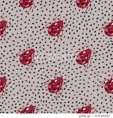 Red diagonal bugs ornament seamless pattern. Hand drawn insects shapes on light grey dotted background. Red diagonal bugs ornament seamless pattern. Hand drawn insects shapes on light grey dotted background. 70344097