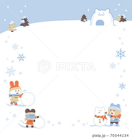 雪あそびをするクマ ウサギ ネズミ フレーム 4色 シンプルカラーのイラスト素材