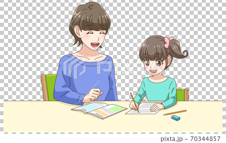 母と一緒に勉強する女の子のイラスト素材