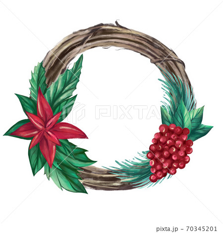 Christmas wreath with flowers Poinsettia, berries, leaves 70345201