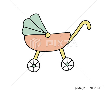 かわいい手描きの乳母車のイラスト ベビーカー 赤ちゃん 乳幼児 新生児 子育て 育児 子供のイラスト素材