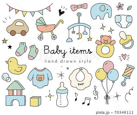 かわいい赤ちゃんアイテムの手描きイラストのセット ベビー おもちゃ こども グッズ 子育て 新生児のイラスト素材