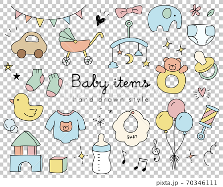 かわいい赤ちゃんアイテムの手描きイラストのセット ベビー おもちゃ こども グッズ 子育て 新生児のイラスト素材