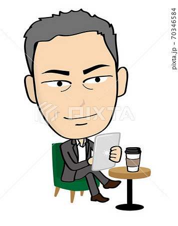 カフェでタブレットを使うナイスミドルな男性のイラスト素材